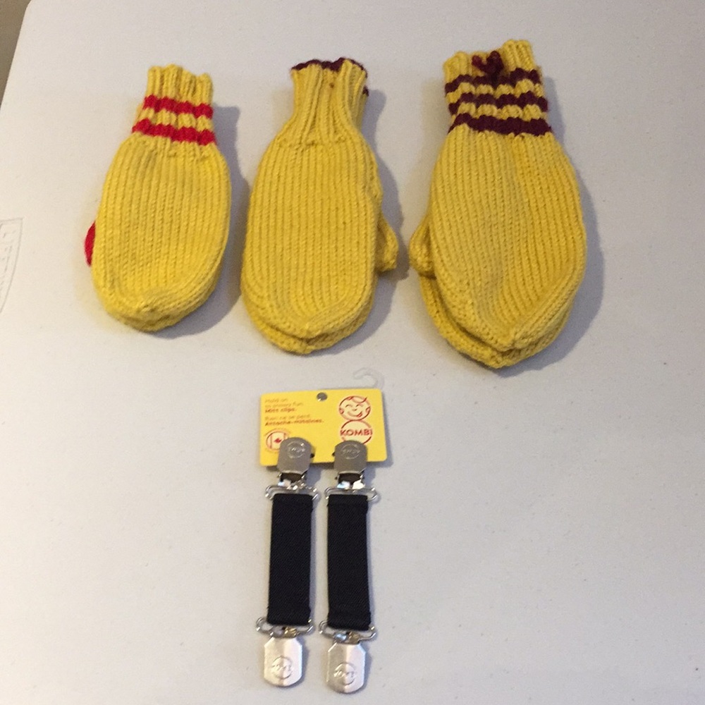 3 Pairs Hand Knit Mittens & Kombi Mitt Clips Kids Children's